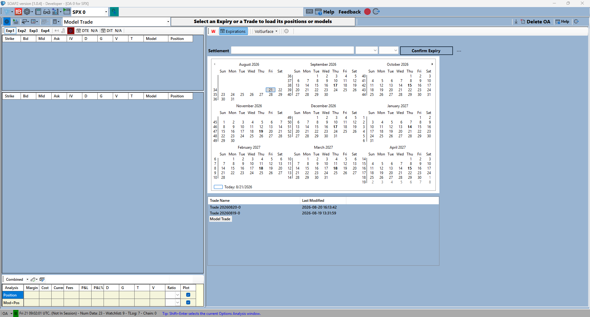 Blank OA for SPX, showing the Expirations calendar and Model Trade