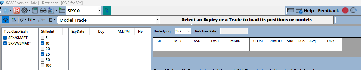 OA top panel, Strike Interval and Trading Class selection